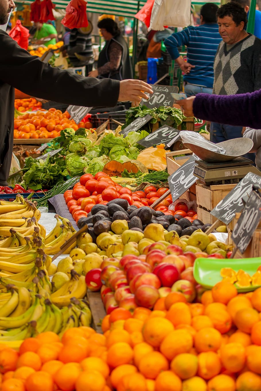 tomatoes, vegetables, fruit, market, sale, power, banana, oranges HD wallpaper