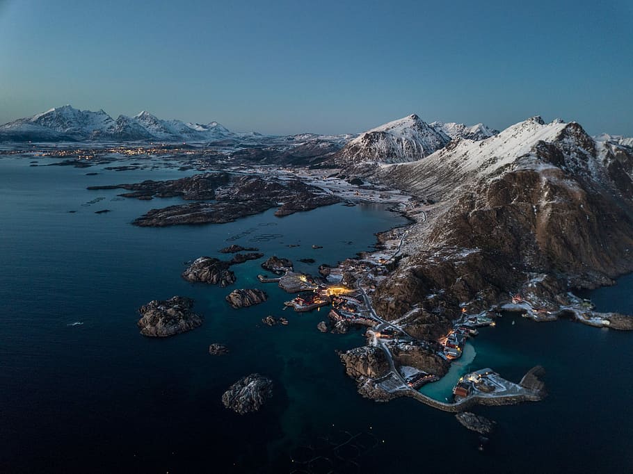 island with mountains near body of water, ocean, norway, drone HD wallpaper