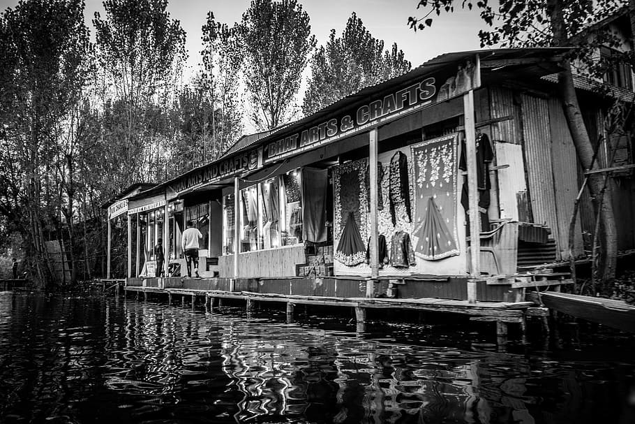 scene, water, dal lake, wallpaper, black and white, kashmir, HD wallpaper
