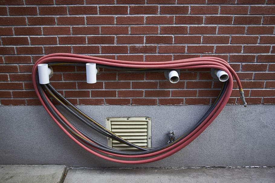 brick wall, hose, wall - Building Feature, metal, no people HD wallpaper