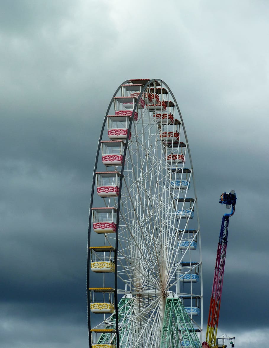 ferris wheel, sky, grey, fair, leisure, forrain, fun fair, manege HD wallpaper