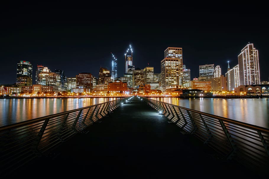 Illuminated Cityscape at Night, architecture, bay, beautiful, HD wallpaper