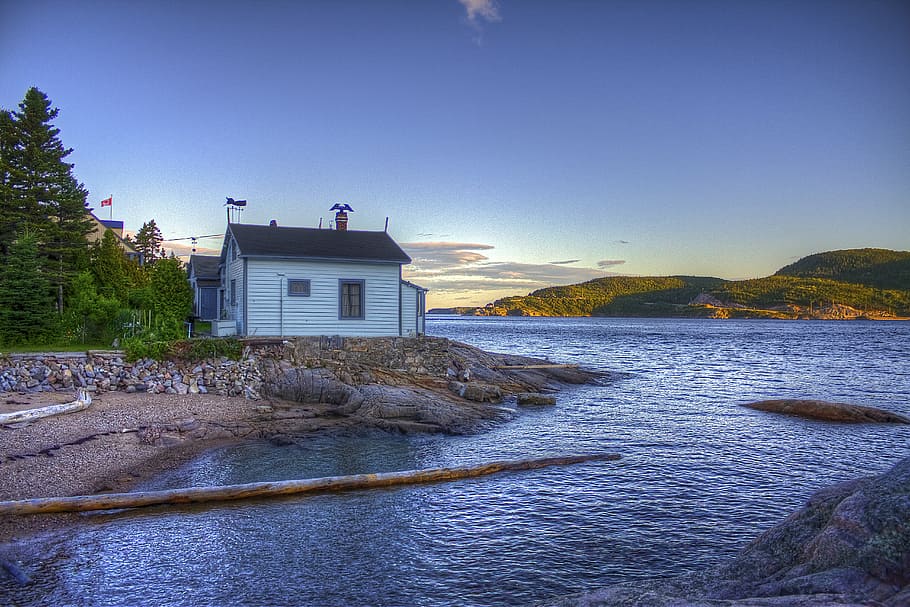 architecture, cabin, house, loch, mountain, outdoors, quebec HD wallpaper