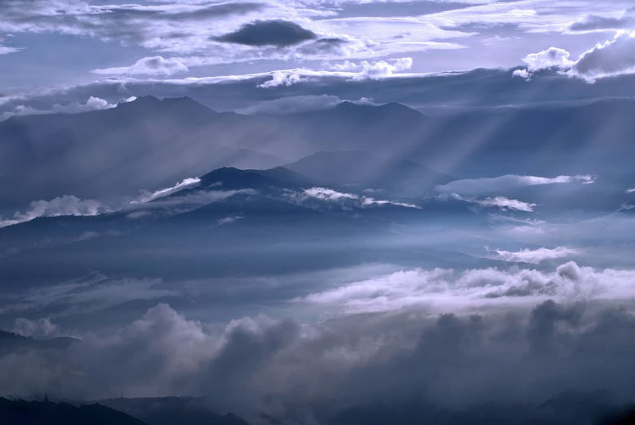 silhouette of mountains, mountain covered clouds during daytime HD wallpaper