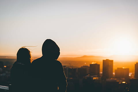 silhouette photo of man and woman on top building, rule, thirds HD wallpaper