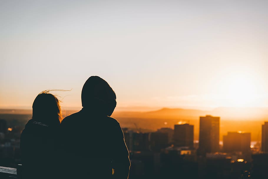 silhouette photo of man and woman on top building, rule, thirds HD wallpaper