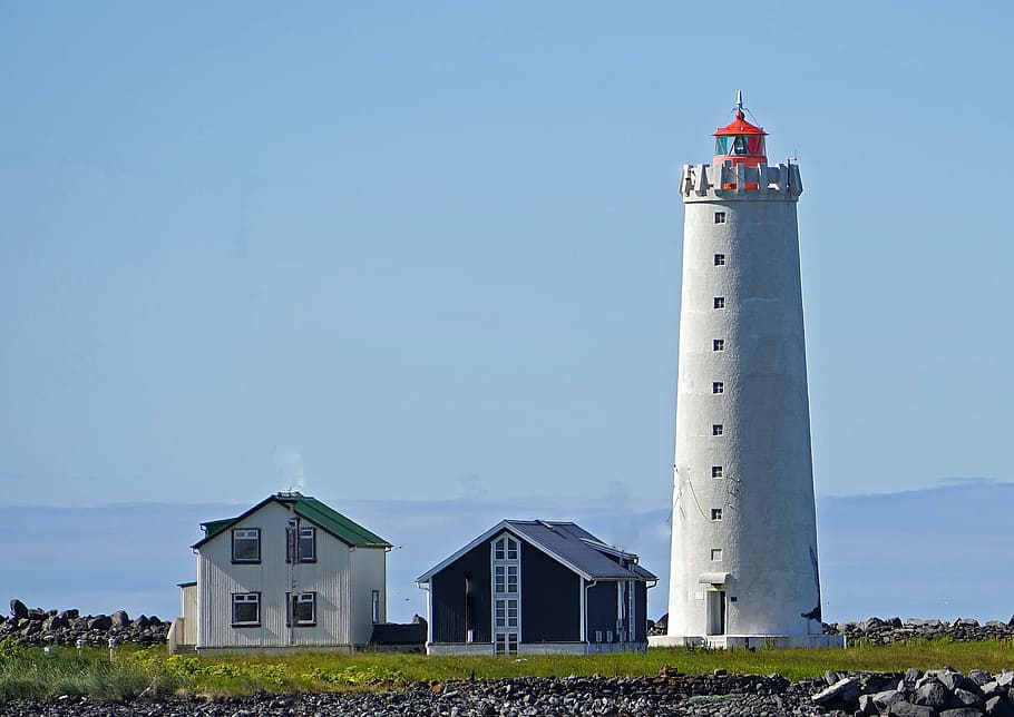 white lighthouse and building during daytime, reykjavik, sky HD wallpaper