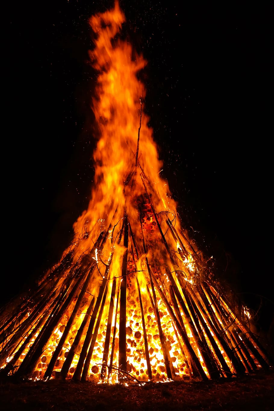 orange and black bonfire, flame, embers, glow, hot, heat, burn
