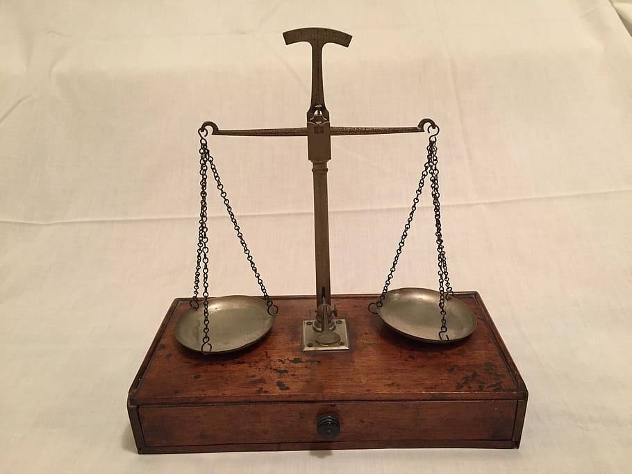 vintage balancing scale on white textile, Scales Of Justice, Weigh In