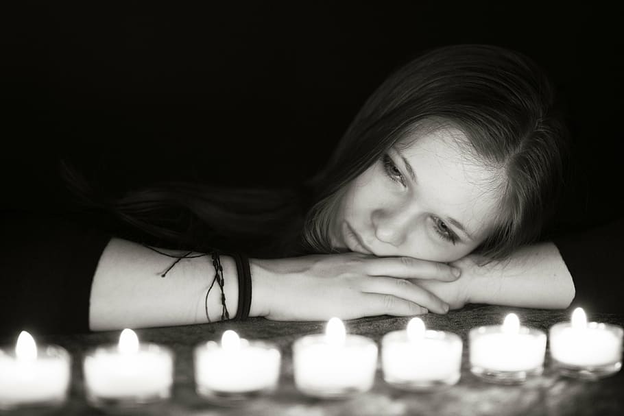 Hd Wallpaper Grayscale Photo Of Woman Laying Looking Tealight Candles Dark Wallpaper Flare