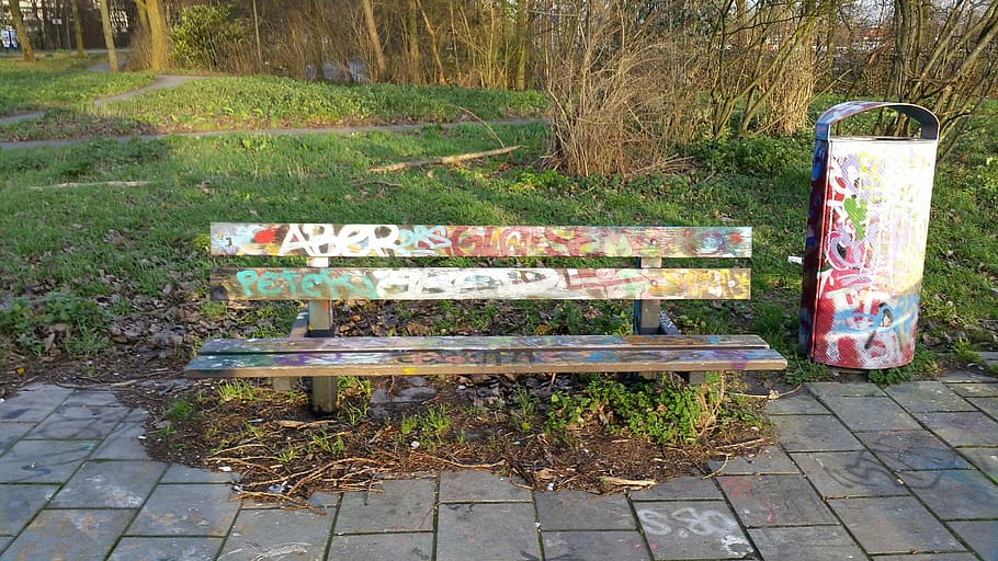 bank, bench, prague, graffiti, wooden bench, plant, text, day HD wallpaper