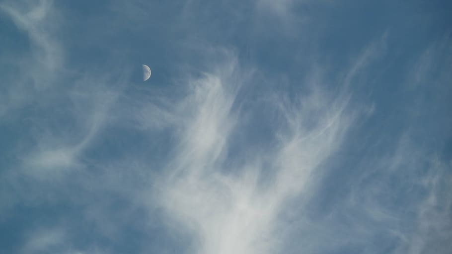 sky, moon, clouds, evening sky, sky blue, cloud - sky, low angle view HD wallpaper