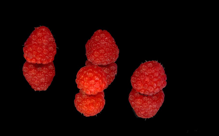 food, fruit, raspberry, berries, red, mirrored, fresh, black background HD wallpaper