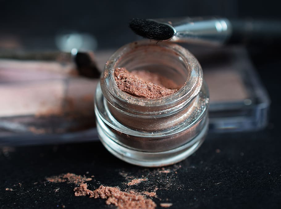clear glass container with brown powder, Makeup, Shadows, Rouge