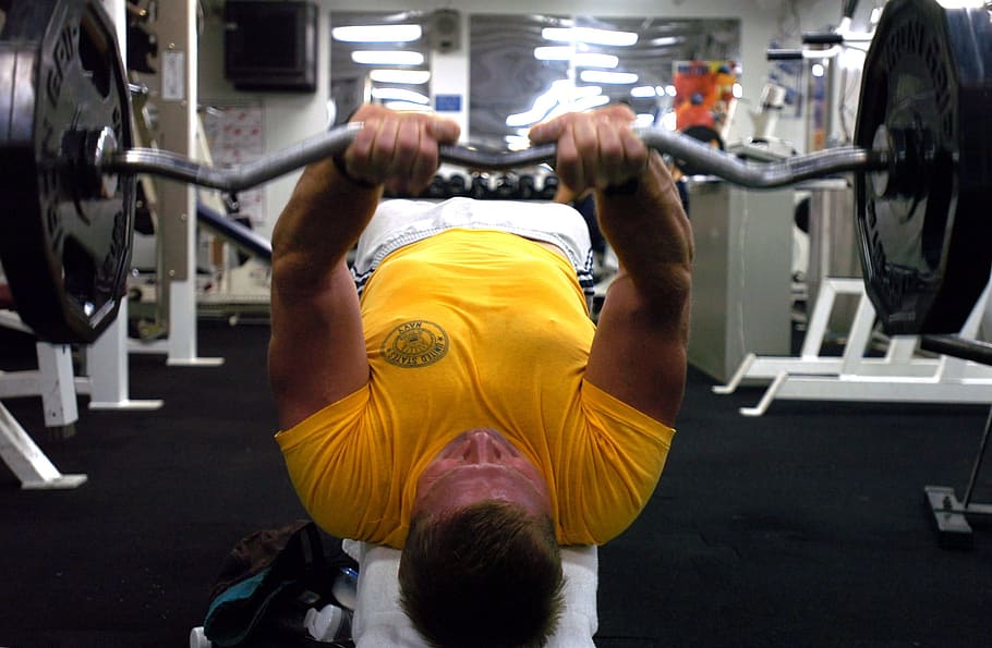 man in yellow crew-neck t-shirt lifting a barbel, weights, power HD wallpaper
