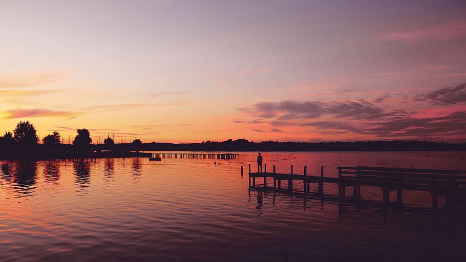 jetty, sea, dawn, sky, afterglow, beach, clouds, dock, dusk, gloomy HD wallpaper