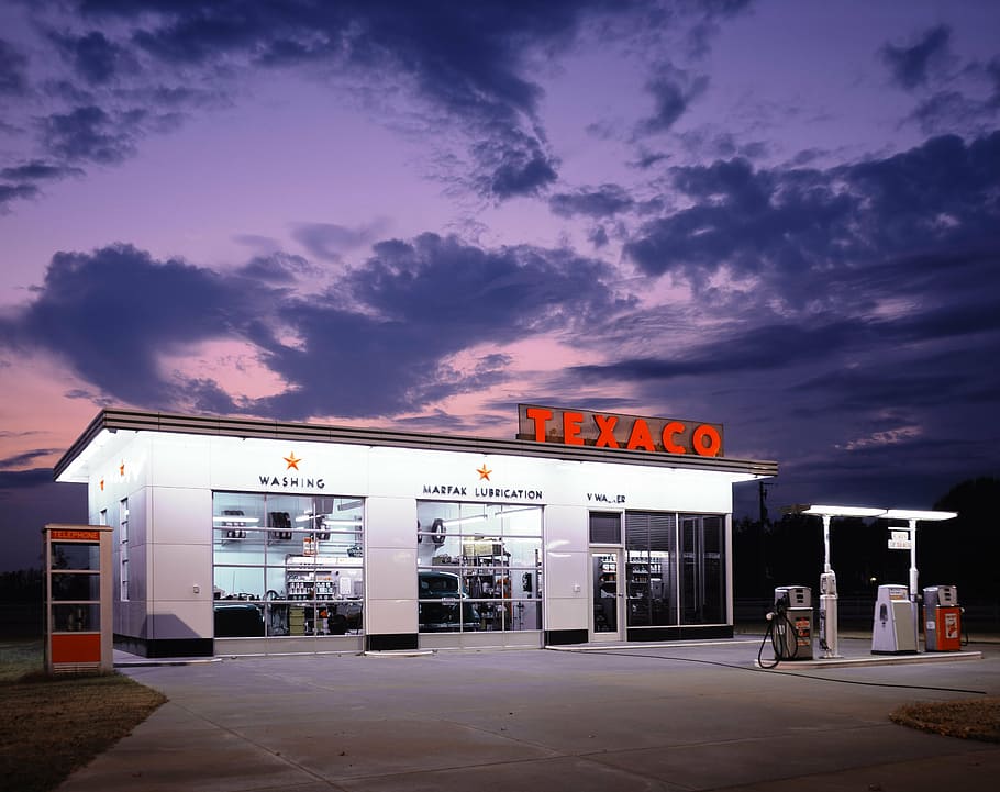 TEXACO gas station under dark sky, petrol stations, workshop