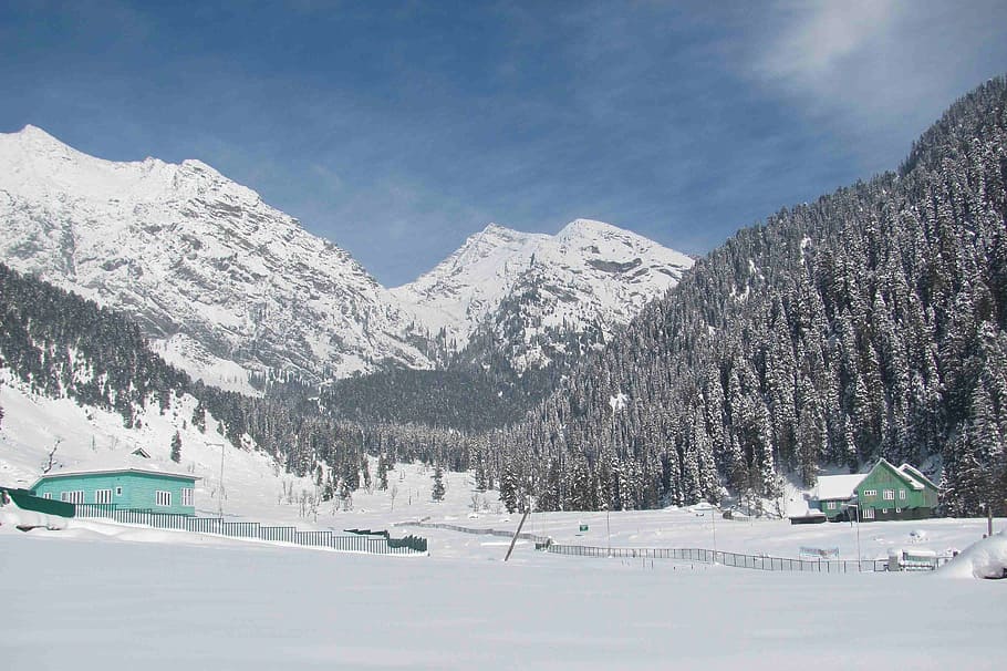in distant snowconed mountain under blue sky, Kashmir, Landscape HD wallpaper