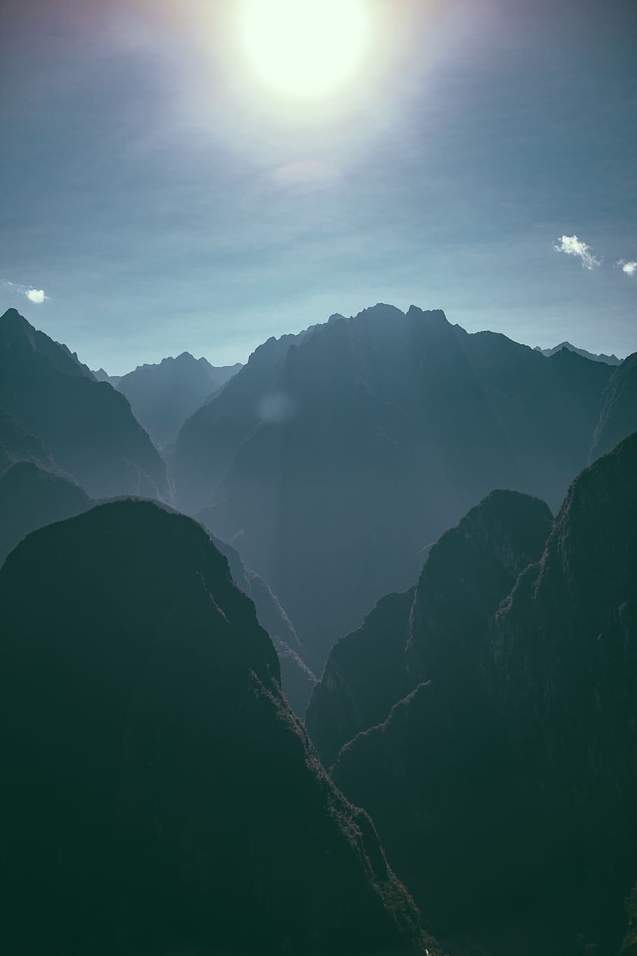 nature, landscape, mountains, summit, peaks, sun, solar, flare HD wallpaper