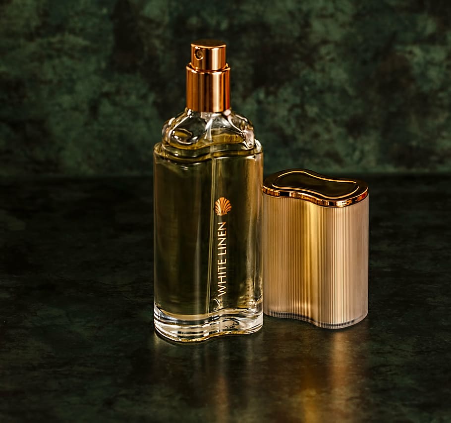 white linen perfume bottle, scent, body spray, cosmetics, fragrance