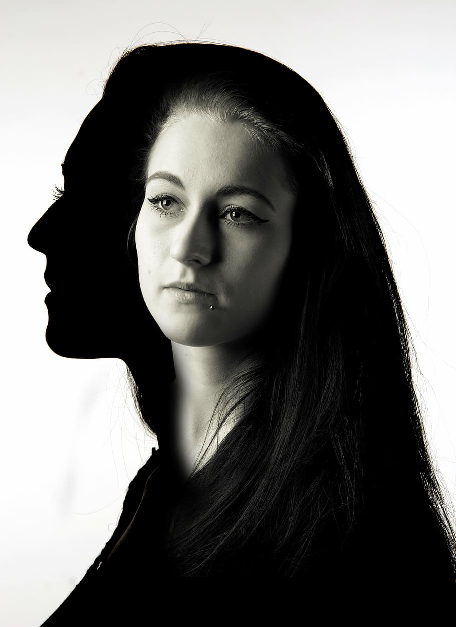 grayscale photo of woman with her shadow, silhouette, black, white