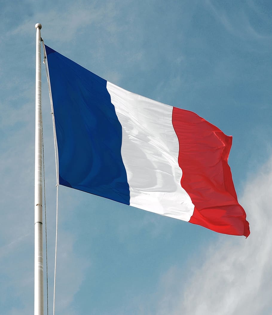 France flag under blue sky with white clouds, French Flag, Nation