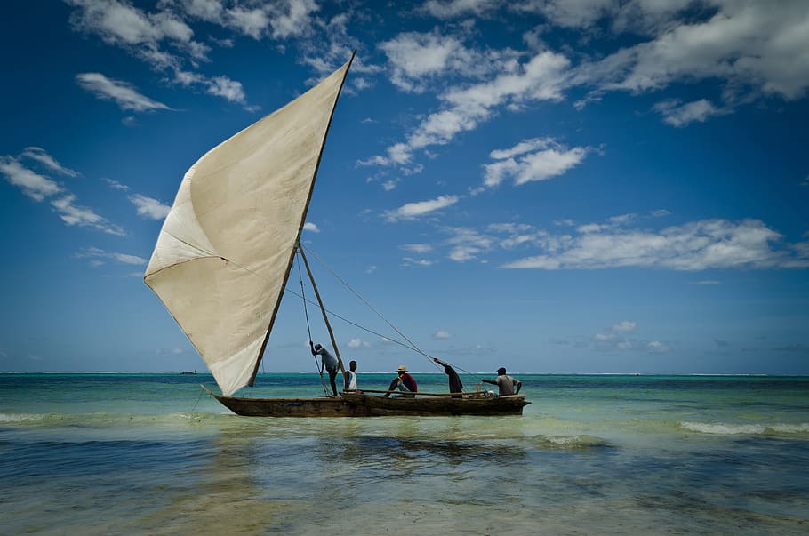 group of people riding on black and white boat, zanzibar, sail HD wallpaper