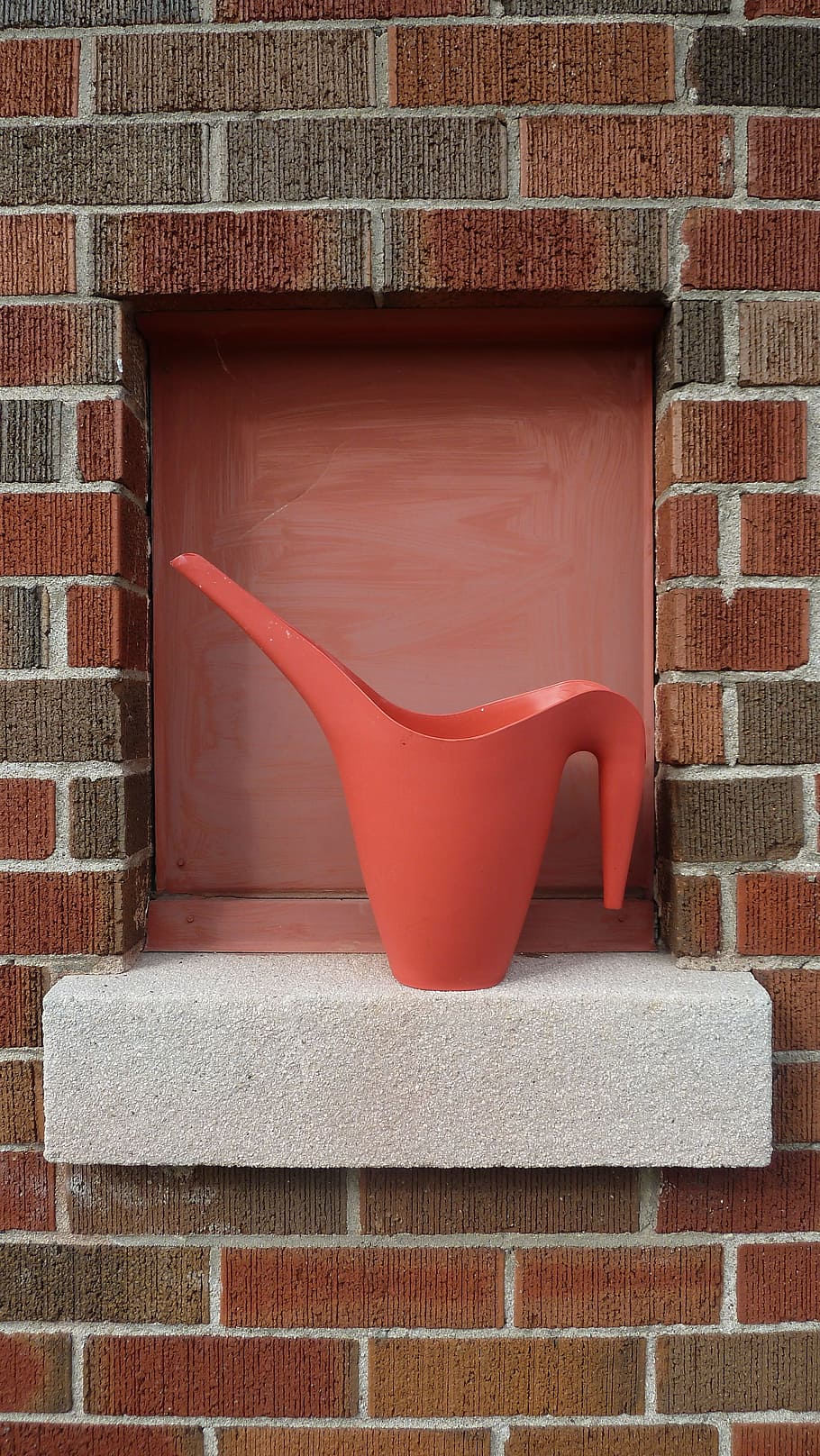 Watering Can, Ledge, Brick Wall, bricks, still life, red, masonry HD wallpaper