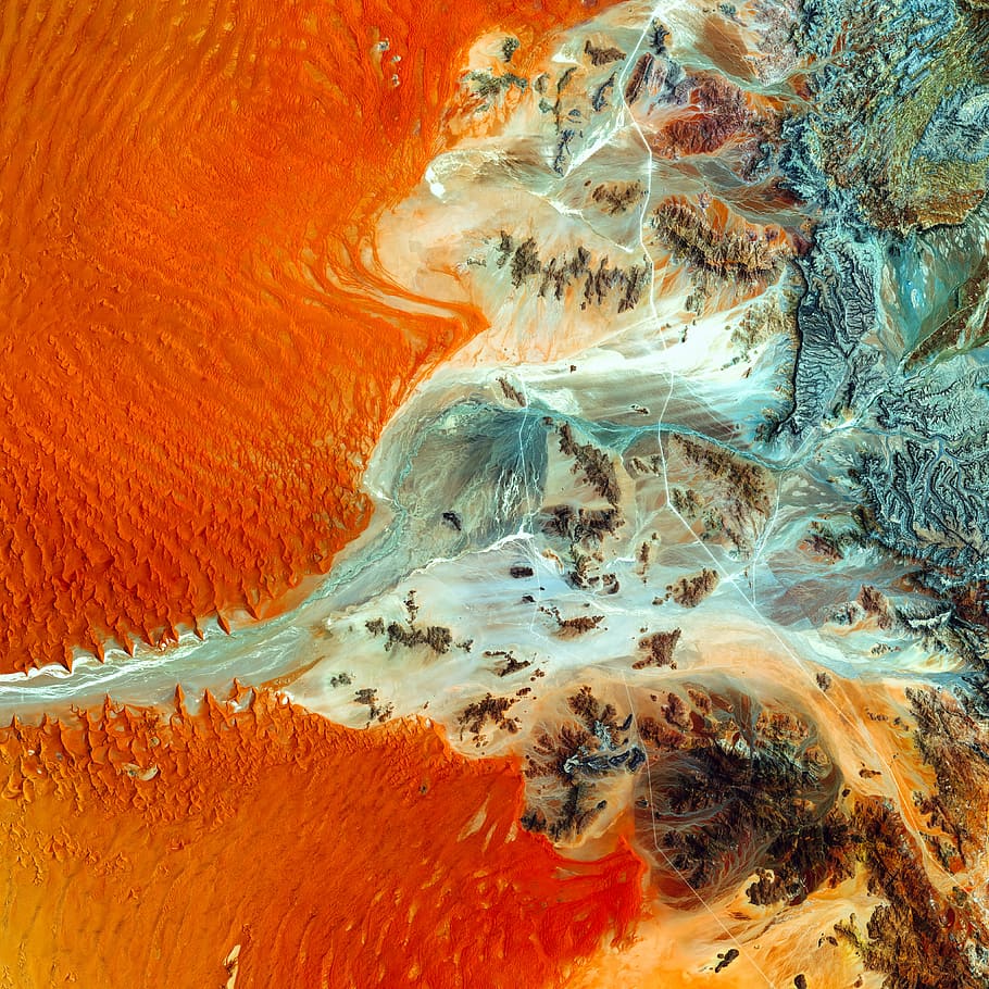 aerial photo of island, red, brown, and teal abstract painting HD wallpaper