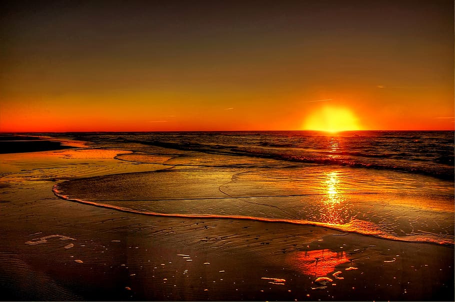 sea, dawn, landscape, sky, afterglow, beach, clouds, coast, evening sky HD wallpaper