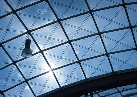 Photo of Black Frame Glass Ceiling during Daytime, architecture HD wallpaper