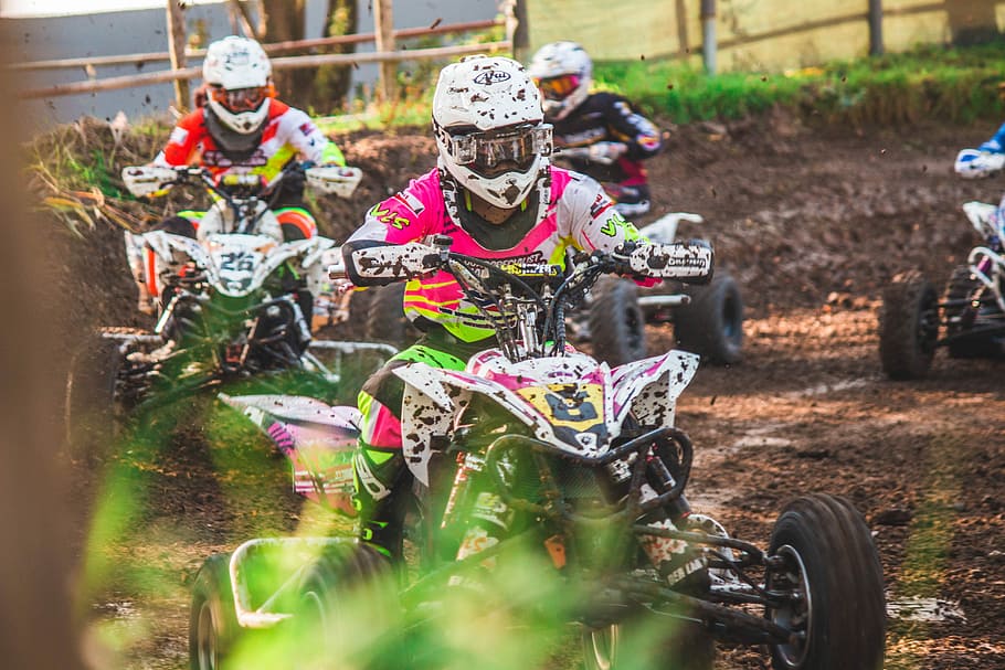 ATV racing in action photo, three person riding ATV's during daytime, HD wallpaper