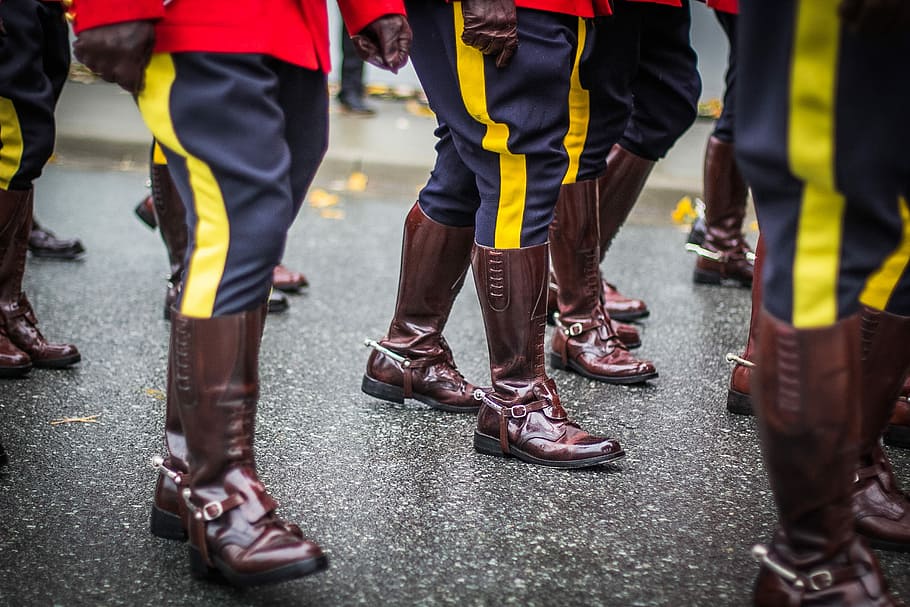 RCMP Boots, people wearing pair of brown boots, military, uniform