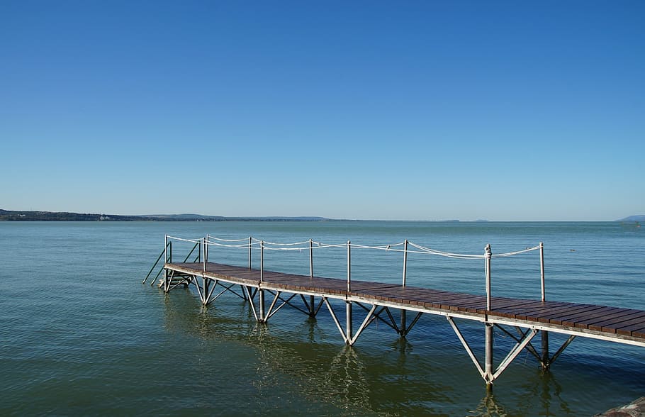 lake, balaton, pier, bridge, footbridge, water, blue, sky, sea HD wallpaper