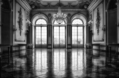 grayscale photo of empty hall, castle, window, ballroom, splendor HD wallpaper