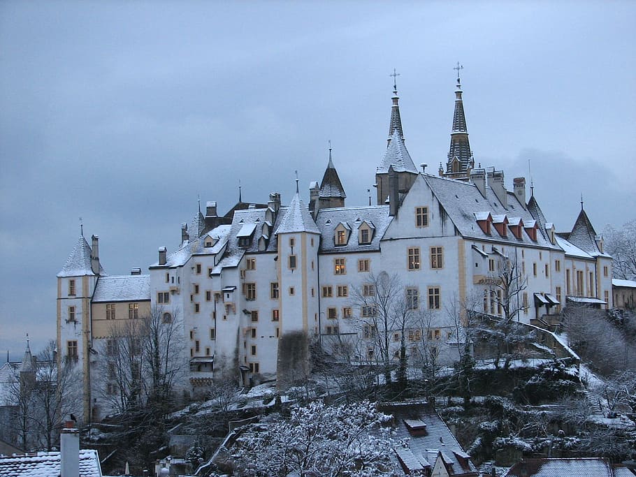 white concrete building, switzerland, castle, estate, buildings
