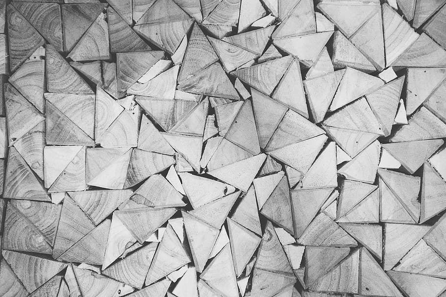 gray wooden plank lot, stack, pile, triangular, pattern, stacked HD wallpaper