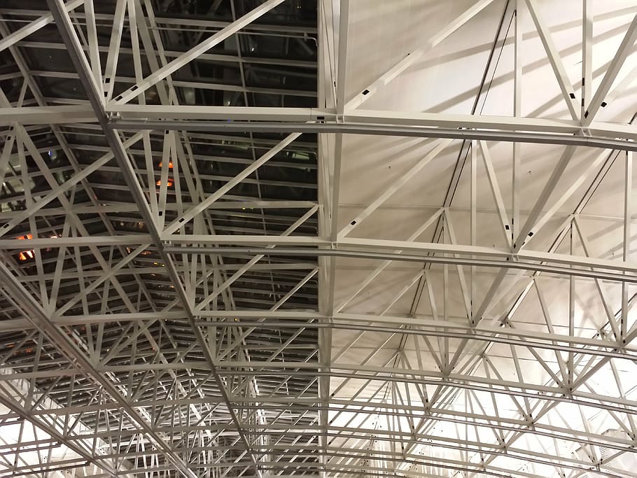 roof linkage, metal rods, scaffold, airport, frankfurt, main, HD wallpaper