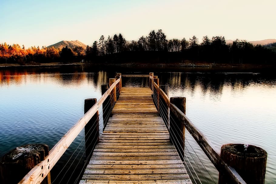 Lake, Water, Reflections, Forest, Woods, trees, landscape, dock HD wallpaper