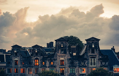gray concrete house, landscape photo of gray house under white clouds HD wallpaper