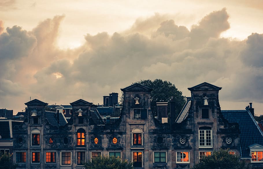 gray concrete house, landscape photo of gray house under white clouds HD wallpaper