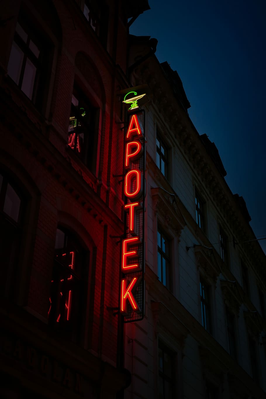 Apotek neon signage on building, Apotek neon light signage, architecture