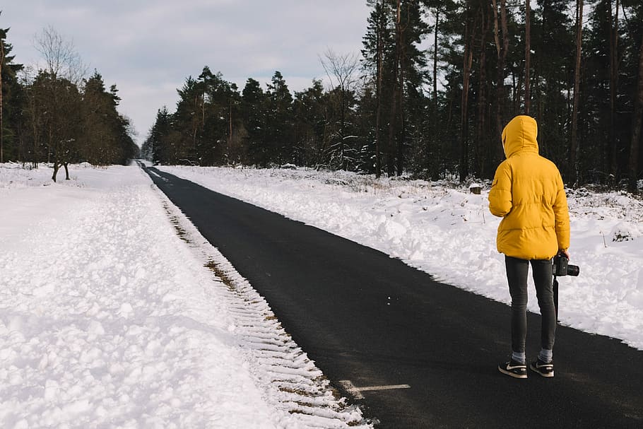 man holding DSLR camera facing road, person wearing yellow hoodie standing on black concrete road near high trees under white sky during daytime HD wallpaper