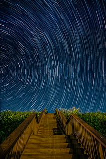 empty brown concrete stairs beside green grass under starry sky long-exposure photography, brown stairs under starry night time lapse photography HD wallpaper