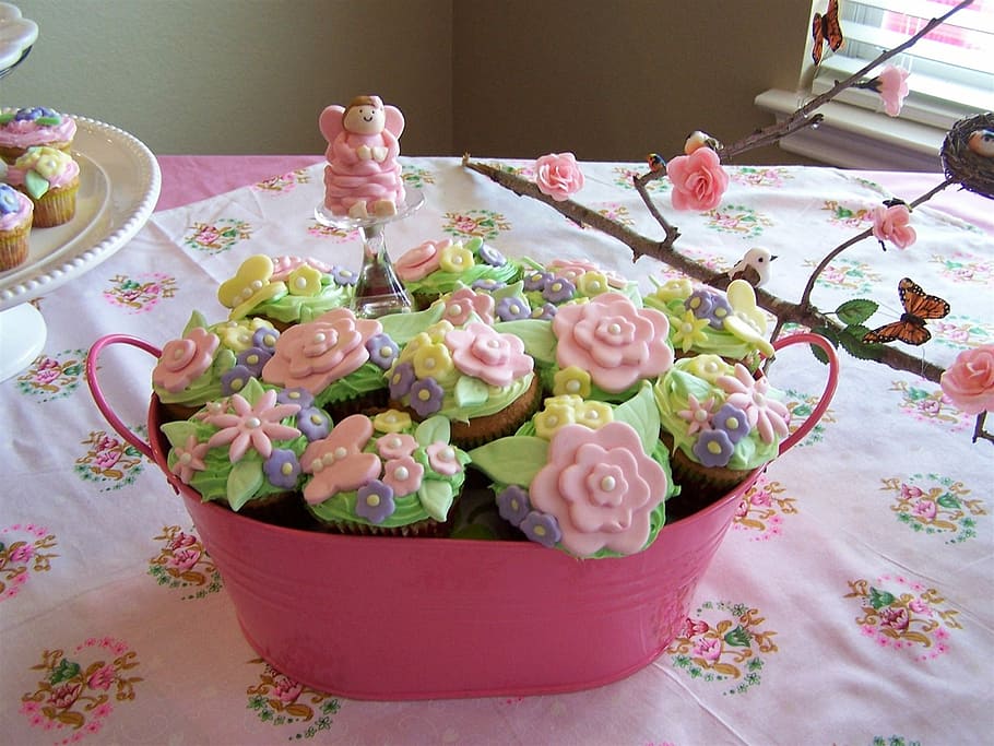 assorted cupcakes in pink container on table, flower, celebration HD wallpaper