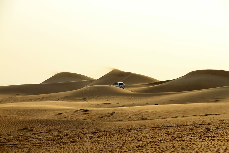 white vehicle traveling at desert, sand, landscape, panoramic HD wallpaper
