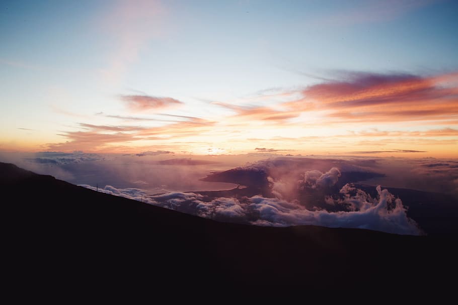 cloudy sky, silhouette photo of mountain and white clouds, aerial photography HD wallpaper