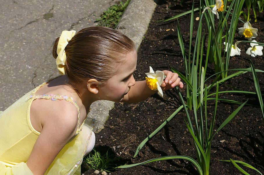 girl smelling flower, kid, child, ballerina, daffodil, yellow