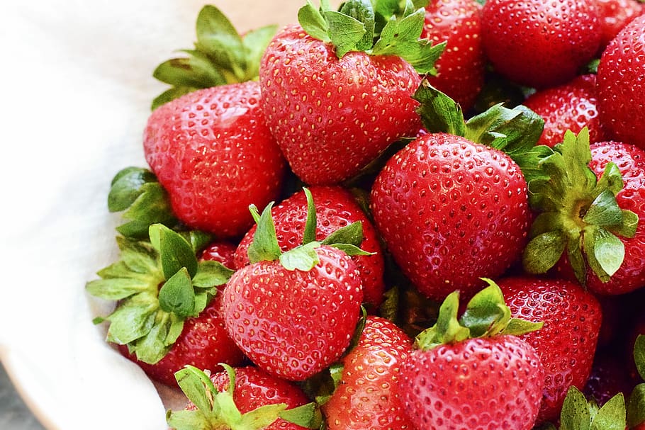 strawberries on white bowl, strawberries on plate, fruit, strawberry HD wallpaper