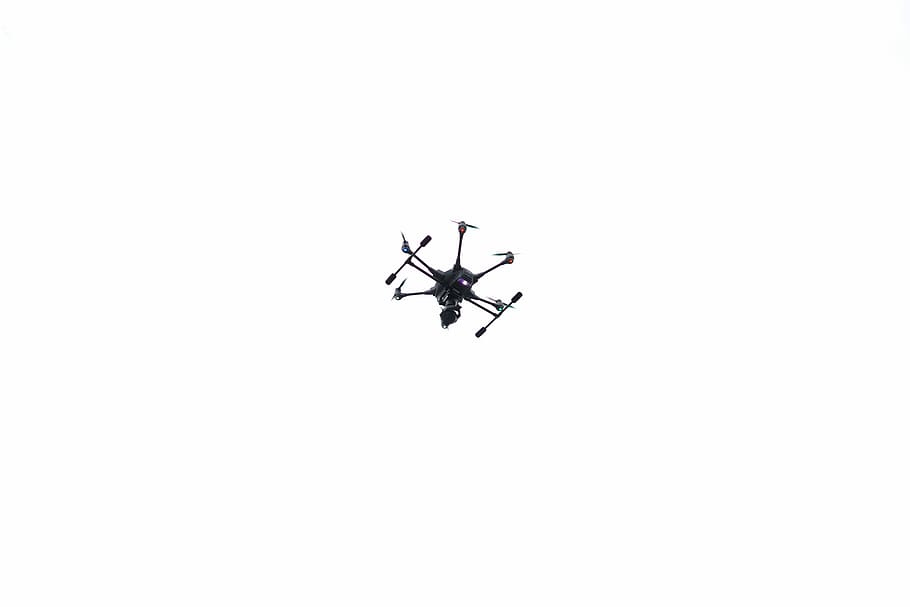 in flight quadcopter, black quadcopter drone, aircraft, sky, white HD wallpaper